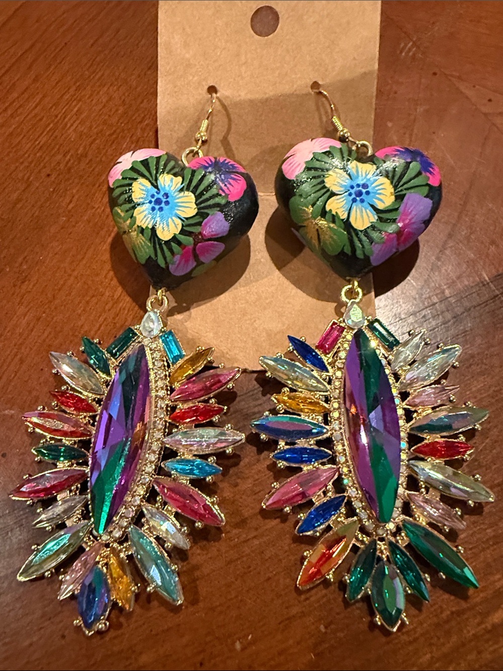 Multicolor Floral Heart & Iridescent Crystal Drop Earrings